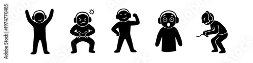 A set of black silhouette icons depicting various gamer emotions and reactions, from victory and anger to surprise and intense focus. Ideal for gaming and e-sports content.