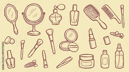 Hand drawn collection of beauty and cosmetic items for makeup and personal care, vintage sketch style