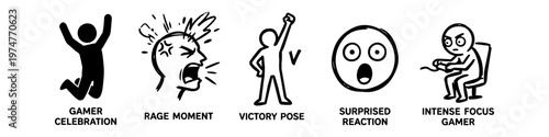Collection of five hand-drawn gamer reaction icons: celebration, rage, victory, surprise, and intense focus. Ideal for esports graphics, stream overlays, and gaming-related social media posts.