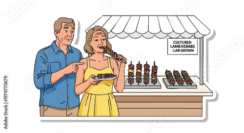 Couple eating crepes at outdoor food stand