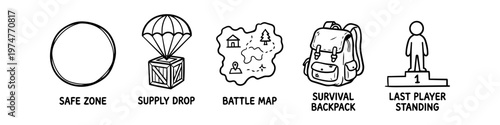 Set of hand-drawn battle royale icons including safe zone, supply drop, battle map, survival backpack, and last player standing. Minimalist black line art on white background.