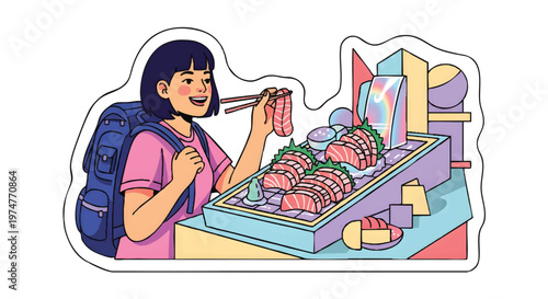 Woman eating sushi with chopsticks at food stall