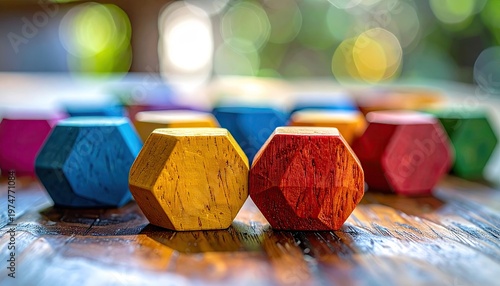 Vibrant hexagonal wooden blocks in various colors arranged on a rustic wooden table with a soft bokeh background.