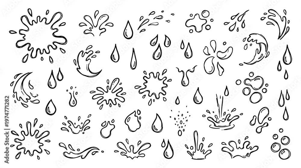 Obraz premium Collection of hand-drawn water splashes and drops in a sketchy artistic style representing liquid motion and fluidity