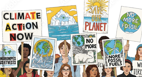 Climate Change Protest Signs and Diverse People