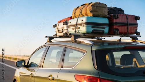 A green car with a roof rack carries colorful luggage on a highway during sunset. The scene conveys travel and adventure.