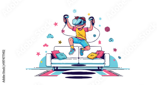 Boy playing virtual reality video games at home on couch