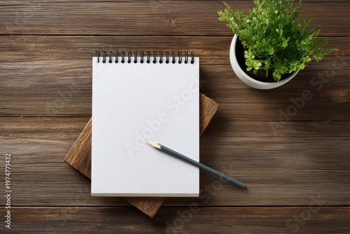Top View Of Blank Spiral Notebook With Pencil And Potted Plant On Rustic Wooden Table Desk Overhead Shot Detailed Texture