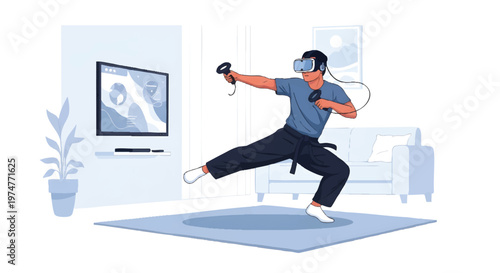 Man playing video games with virtual reality headset at home