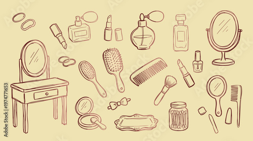 Vintage beauty essentials and vanity items arranged artistically on a soft background, perfect for fashion and cosmetic themes.