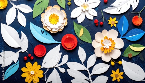 Artistic handmade paper flowers and leaves arranged on a dark textured background.