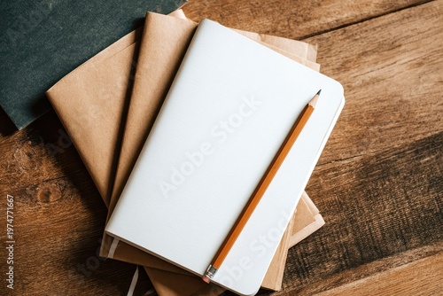 Top View Of Stacked Notebooks With A Pencil On A Textured Wooden Surface Offering Copy Space For Text