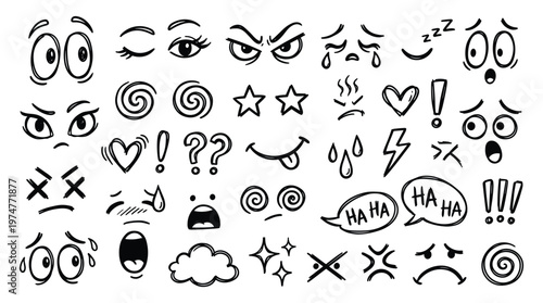 collection of hand drawn expressive emoticons and facial expressions for communication and emotion illustration