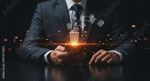 Businessman holding glowing trash can icon with digital files.