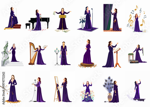 Set of diverse illustrations featuring a female opera singer in a purple gown performing various musical and theatrical acts on a white background.