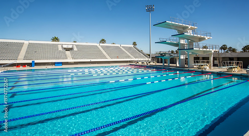Outdoor swimming pool with diving platform and spectator stands. Large aquatic center under clear blue sky at daytime.