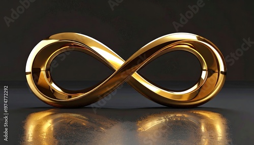 Golden infinity symbol representing eternity and endless possibilities on a reflective surface.