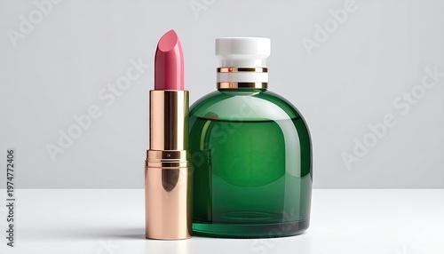 Elegant pink lipstick and green perfume bottle displayed on a clean white surface.