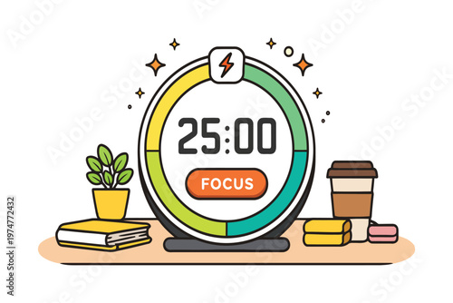 A colorful pomodoro technique timer set for twenty-five minutes sitting on a desk with accessories