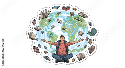 Man meditating in front of Earth surrounded by landmarks