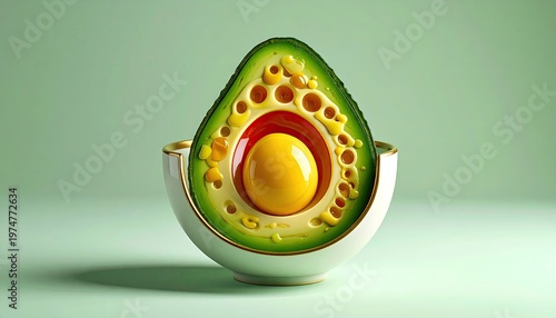 Stylized Avocado Cross Section with Vibrant Pit and Modern Bowl.