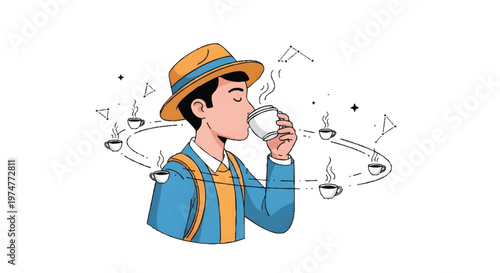 man in hat drinking coffee with music notes around him
