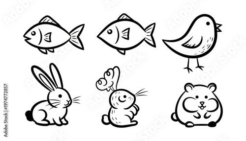 Animal illustrations vector set graphics black and white design elements