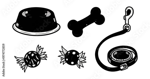 Black and white pet supplies illustration with symbolic design elements