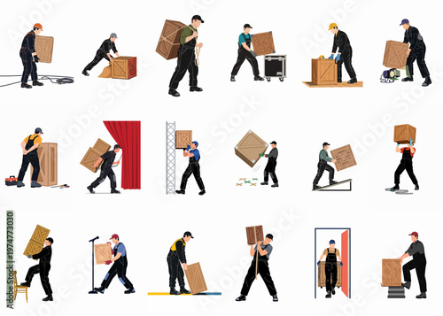 Illustration set of professional stagehands and movers carrying, lifting, and transporting wooden crates and equipment in different settings.