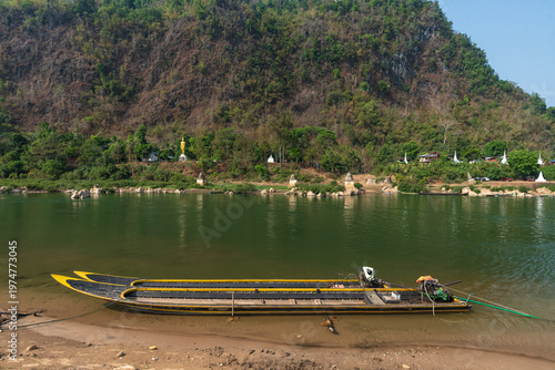 Landscape of Moei river and boat in Tak Province between Thailand and Myanmar border, Boats on the river.