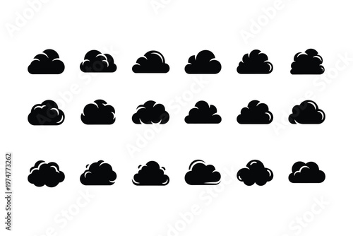 Collection of 16 black and white cloud illustrations, varying in shape and size, arranged in a grid pattern on a white background, perfect for weather-related graphic design projects.