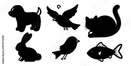Silhouettes of various animals on black background