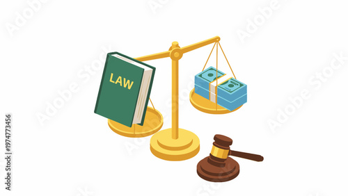 Law Book and Money Stack on Golden Scales with Gavel Isometric