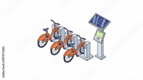 Solar Powered Bicycle Sharing Station with Isometric Orange Bicycles
