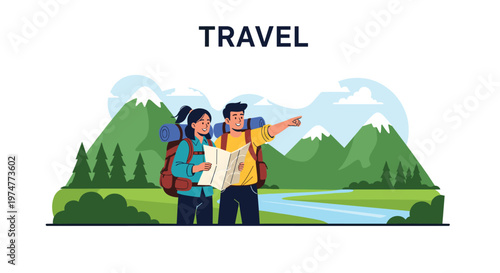 Adventurous young couple stands together in a beautiful mountain landscape while using a paper map to find their way.