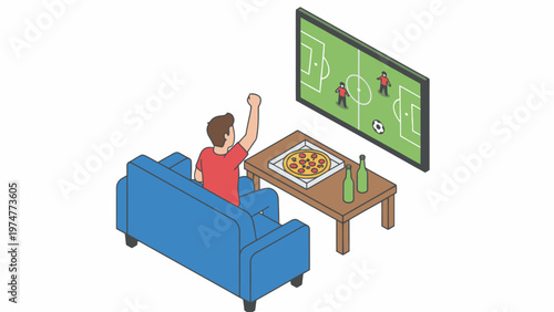 Soccer fan watching football game on TV with pizza isometric