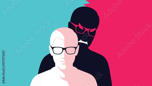 Man with glasses whose shadow appears as a sinister devil-like figure with red eyes and horns against a vibrant split backdrop.