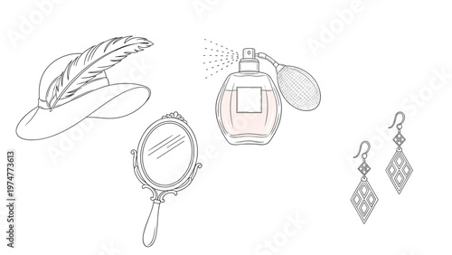 Elegant collection of feminine fashion accessories including a feathered hat, hand mirror, perfume bottle, and diamond earrings.