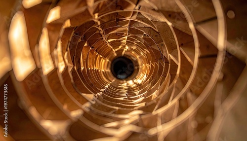 Looking down a spiraling wooden tunnel with dramatic light and shadow.