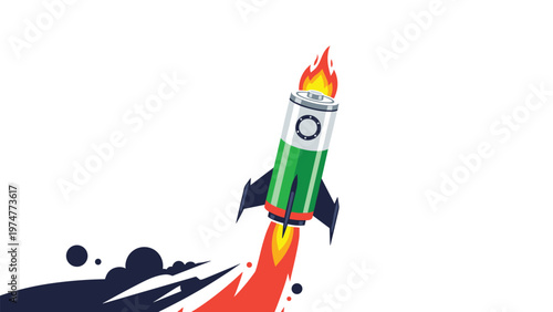 Powerful rocket shaped like a green and white battery blasting off with fire and smoke trails against a clean white background.