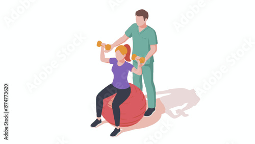 Physiotherapist assisting woman with dumbbells on exercise ball