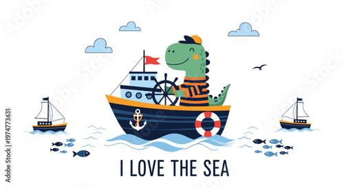 Friendly dinosaur wearing a sailor hat and a striped shirt steers a wooden ship across the blue sea under white clouds.