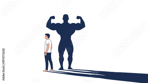 Small man standing next to his own giant and highly muscular shadow, symbolizing immense inner strength and hidden potential.