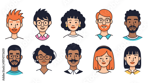 Set of ten diverse and colorful human face icons representing different ethnicities, hairstyles, and styles for various profiles.