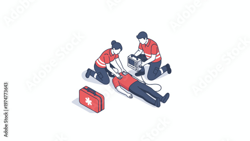 Paramedics performing CPR and using defibrillator on patient