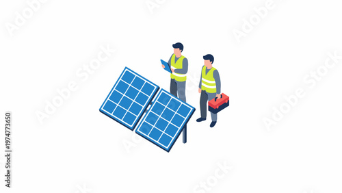 Technicians Inspecting Solar Panels Isometric Vector Illustration