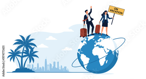 Happy man and woman in business attire stand on top of a giant globe to celebrate their long-awaited tropical vacation.