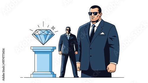 Giant sparkling blue diamond displayed on a high pedestal and guarded by two security men in dark suits and black sunglasses.