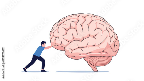 Determined man in a blue shirt pushing a massive human brain across a plain white surface, representing mental effort and learning.