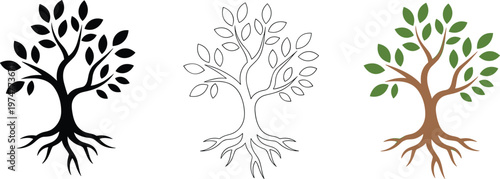 Set of deciduous tree vector icons with deep underground root system in black silhouette, line art, and natural colors.